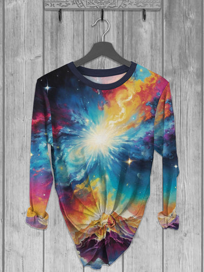 Unisex Colorful Starry Sky Printed crew neck casual long T-shirt