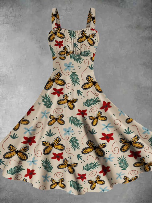 Women's Christmas vintage floral butterfly print casual and fashionable sleeveless dress