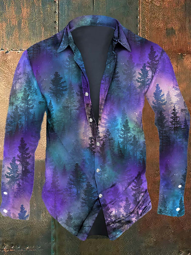 Men's Luminous Forest Print Casual Long Sleeve Shirt