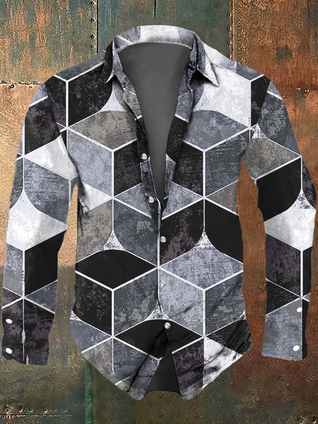 Men's Artistic Gradient Irregular Plaid Printed Casual Long Sleeve Shirt