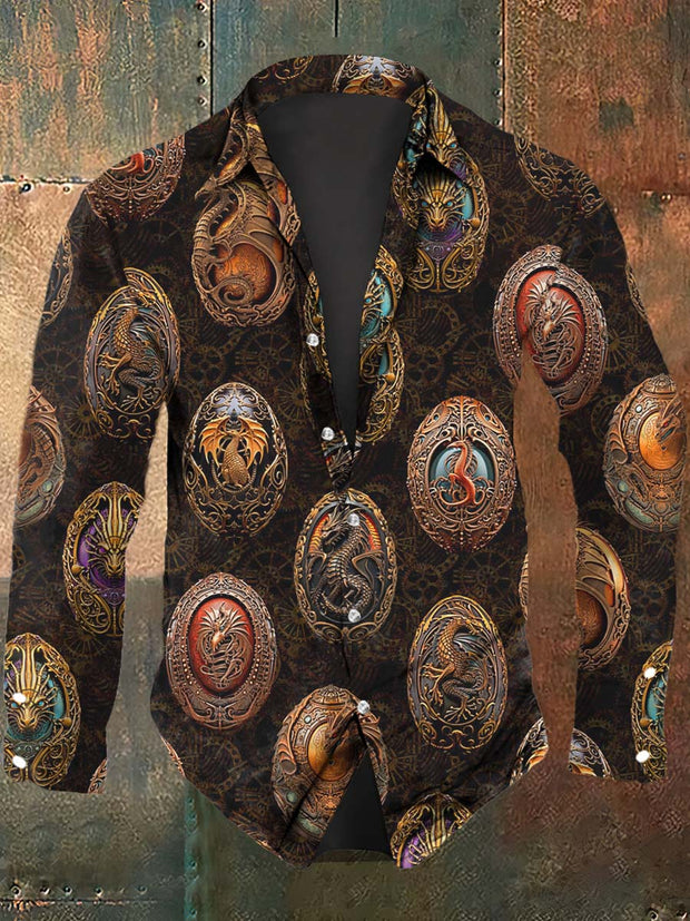 Men's Steampunk Dragon Egg Print Casual Long Sleeve Shirt