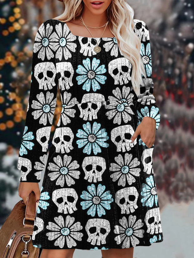 Vintage Chrysanthemum Skull Print Knit Sweater Dress With Pockets