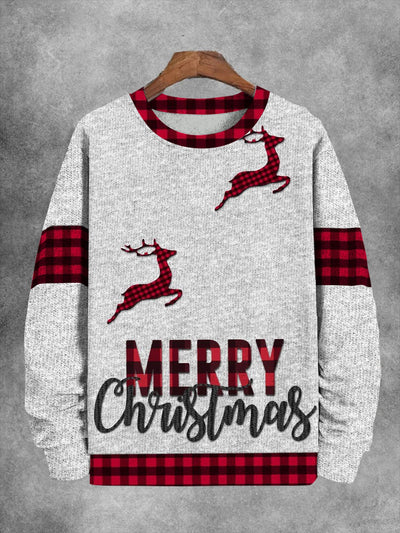 Unisex Red Checkered Reindeer Print Long Sleeve Sweatshirt