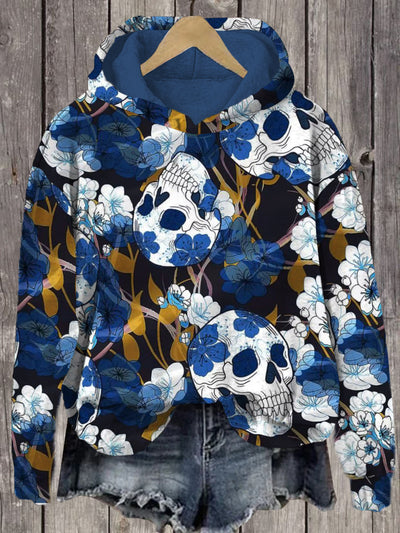 Unisex Skulls And Flowers Print Long Sleeve Hoodie