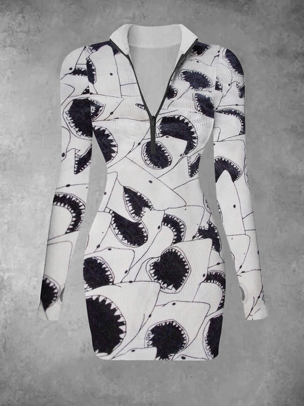 Women's retro shark cartoon pattern printed casual fashion long sleeved V-neck slim fit dress