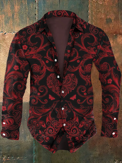 Men's Abstract Red Design Art Printing Long Sleeve Shirt