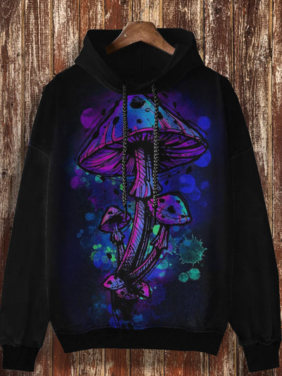 Unisex abstract mushroom cartoon retro printed casual fashion long sleeved hooded sweatshirt