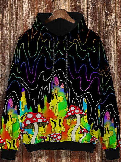 Unisex abstract mushroom cartoon retro printed casual fashion long sleeved hooded sweatshirt