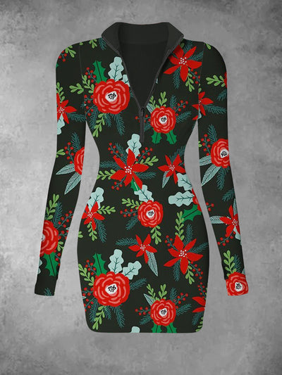 Women's retro Christmas floral print casual fashion long sleeved V-neck slim fit dress