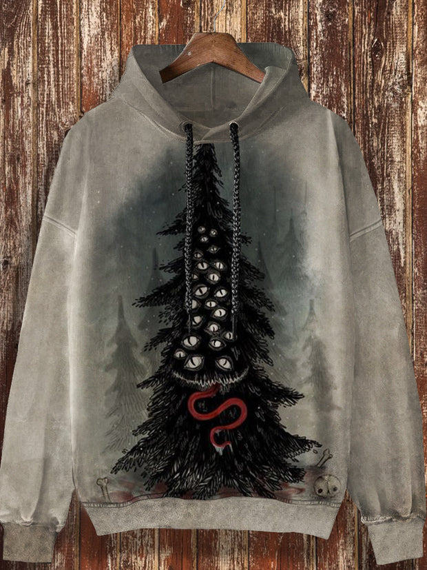 Unisex abstract Christmas tree retro printed casual fashion long sleeved hooded sweatshirt