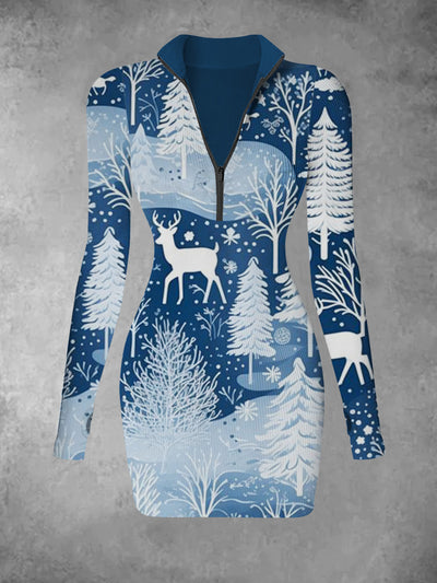 Women's retro Christmas tree reindeer pattern printed casual and fashionable long sleeved V-neck slim fit dress