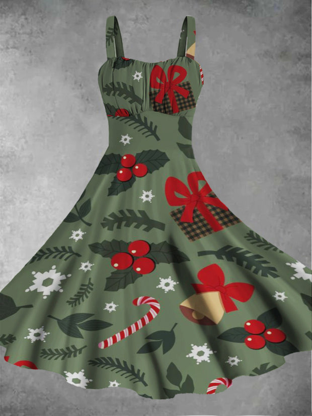 Women's Sleeveless Christmas Cartoon Retro Pattern Printed Casual Fashion Strap Dress