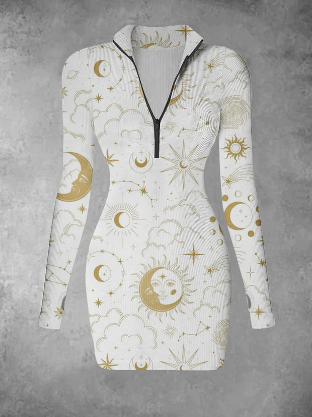 Women's Retro Sun Moon Star Art Pattern Printed Casual Fashion Long Sleeve V-neck Slimming Dress