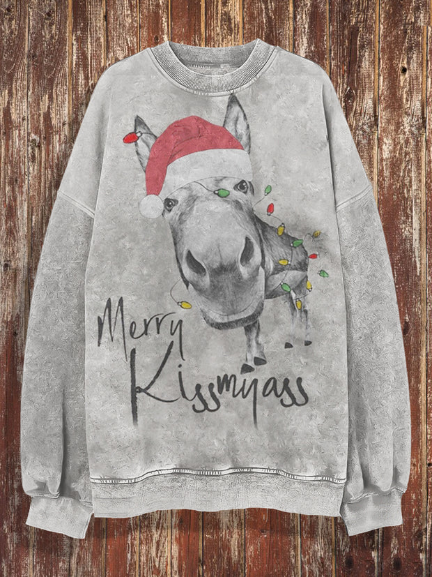 Unisex Christmas Donkey Print Crew Neck Casual Sweatshirt