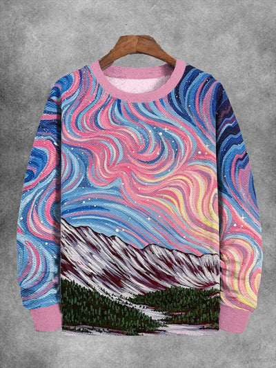 Unisex Abstract Line And Mountain Print Long Sleeve Sweatshirt