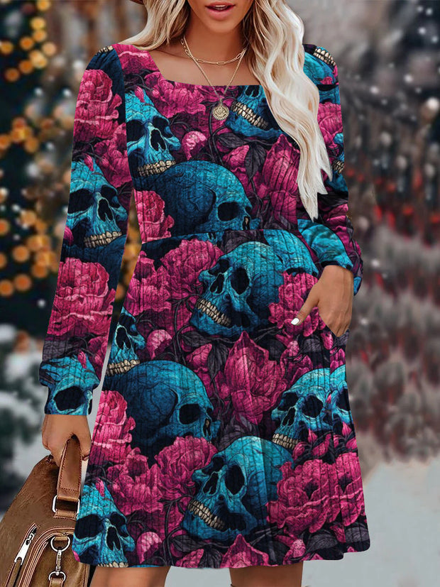 Vintage Rose And Skull Print Knit Sweater Dress With Pockets