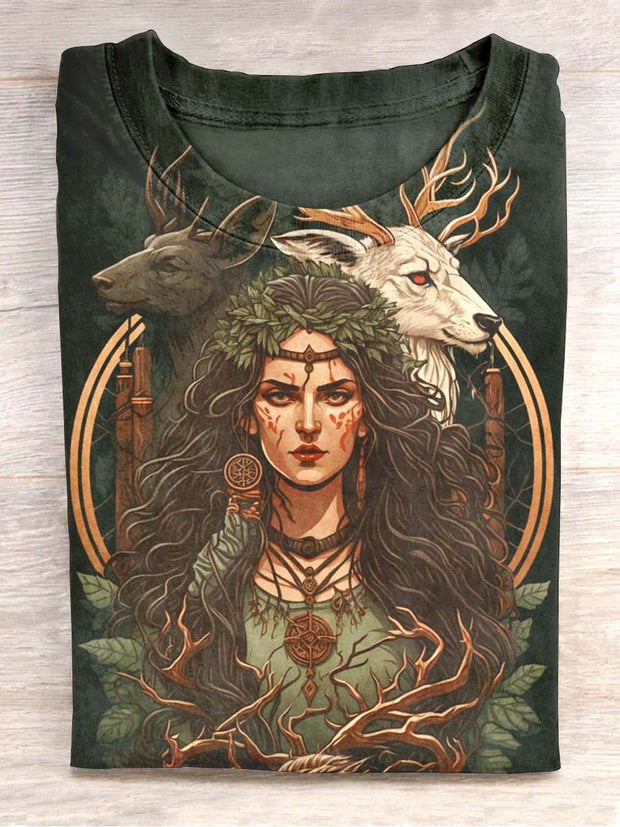 Unisex Viking and Wolf Print Casual T-Shirt