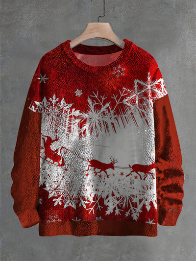 Vintage Christmas Cute Deer Art Print Casual Knit Pullover Sweater