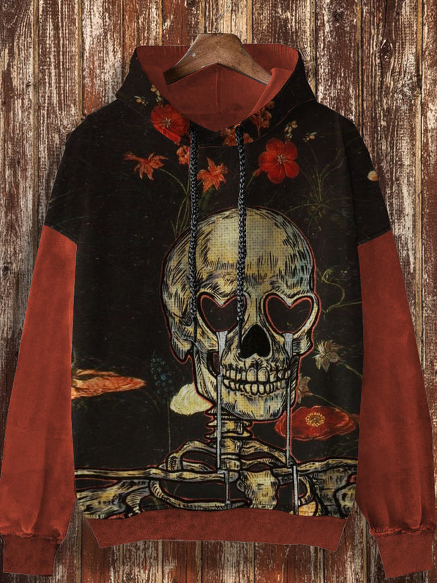 Unisex floral skull pattern retro printed casual fashion long sleeved loose hooded sweatshirt