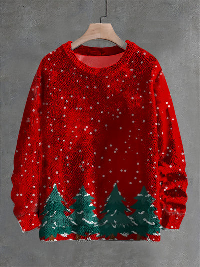 Vintage Christmas Snow And Tree Print Casual Knit Pullover Sweater