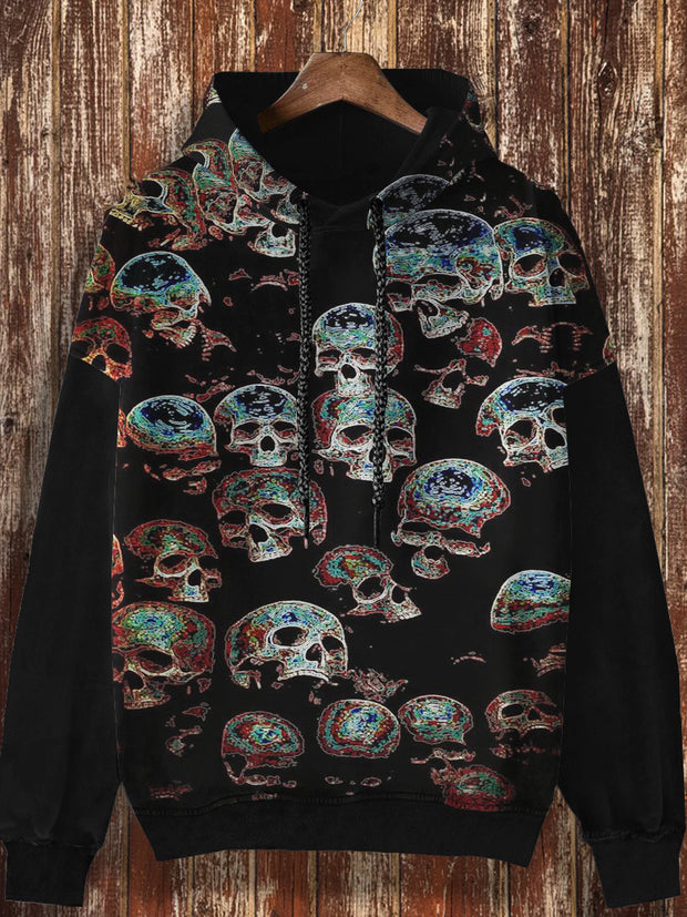 Unisex skull pattern retro print casual fashion long sleeved loose hooded sweatshirt