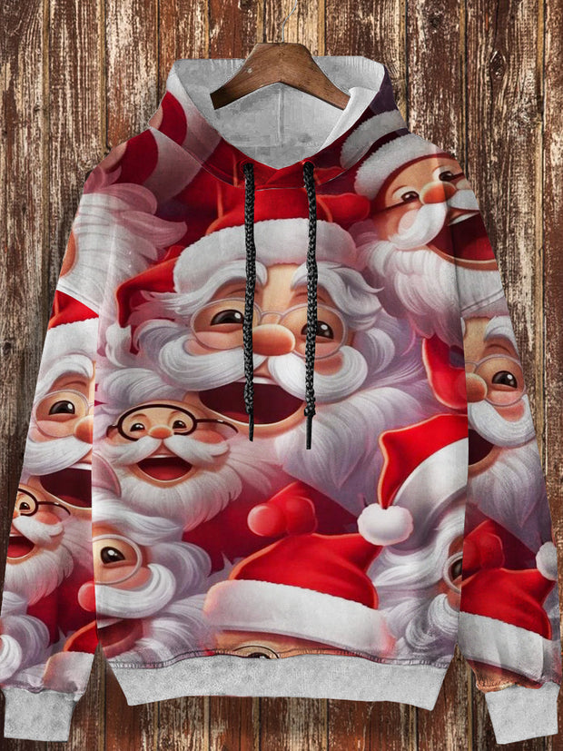 Unisex Christmas cartoon Santa Claus pattern retro print casual fashion long sleeved loose hooded sweatshirt