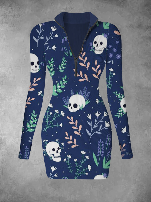 Women's floral skull retro printed casual fashion V-neck long sleeved slim fit dress