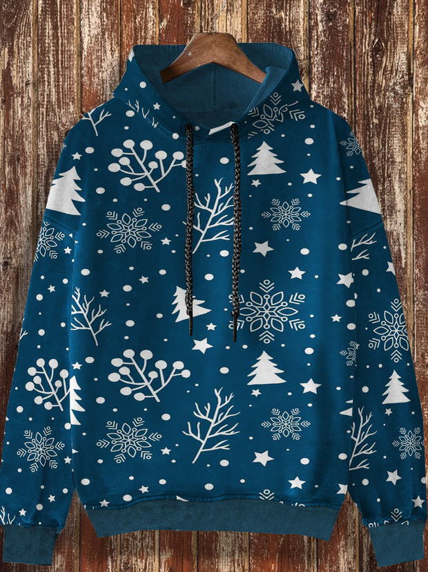 Unisex Christmas snowflake retro printed casual fashion long sleeved loose hooded sweatshirt