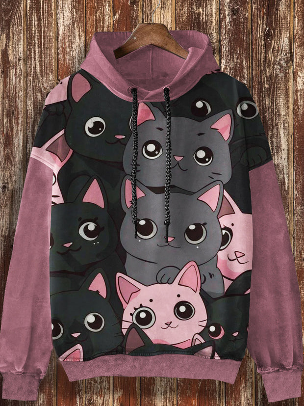 Unisex cat retro cartoon pattern printed casual fashion long sleeved hooded sweatshirt