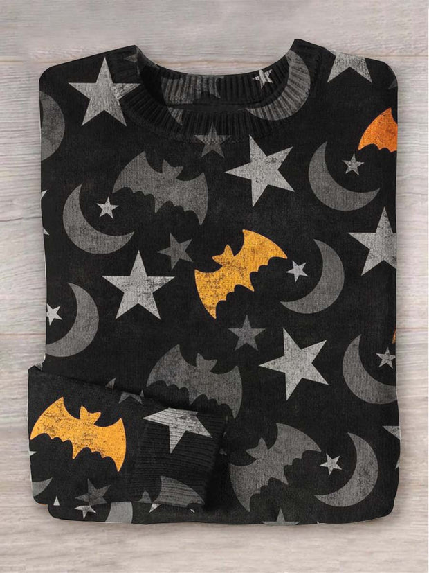 Unisex Stars, Moon and Bats Printed Casual Sweater