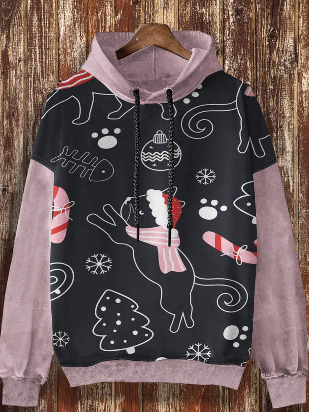 Unisex Christmas retro cartoon print casual fashion long sleeved hooded sweatshirt