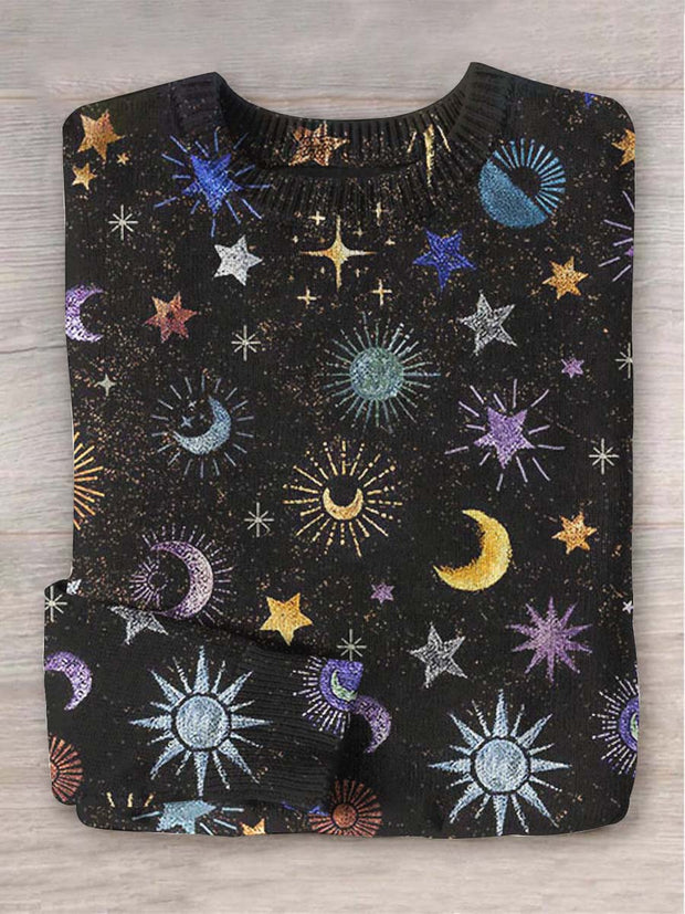 Unisex Star Moon Sun Printed Casual Sweater