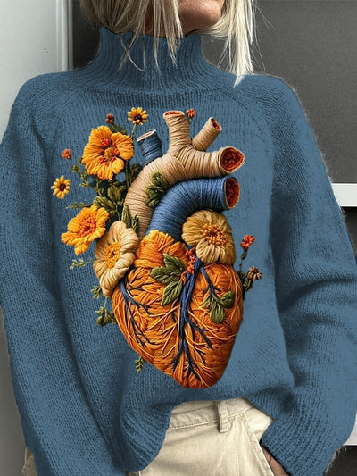 Women's Vintage Lovely Heart Embroidery Print Knit Turtleneck Pullover Sweater