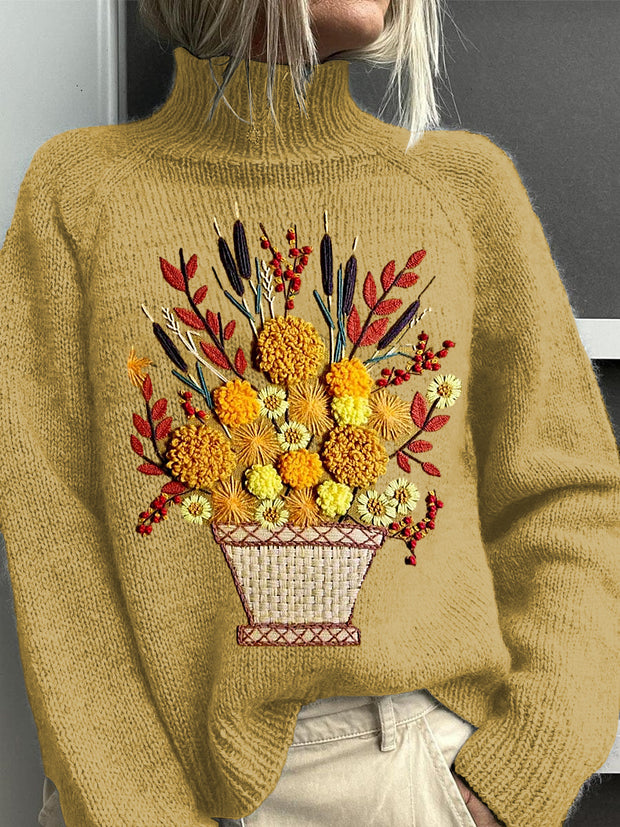 Women's Vintage Lovely Floral Embroidery Print Knit Turtleneck Pullover Sweater