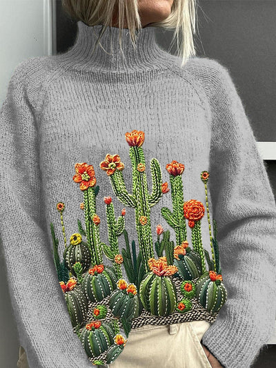 Women's Vintage Lovely Floral Embroidery Print Knit Turtleneck Pullover Sweater