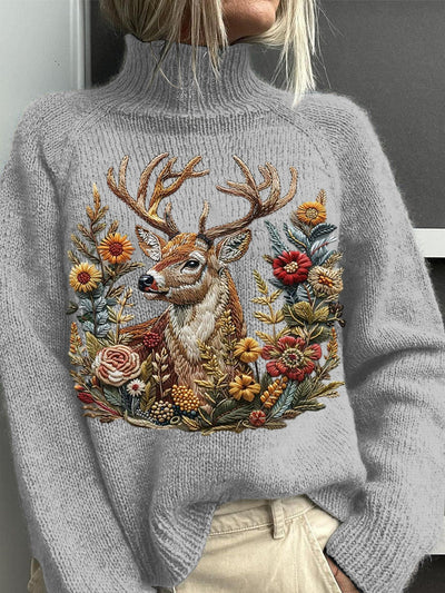 Women's Vintage Lovely Deer Embroidery Print Knit Turtleneck Pullover Sweater