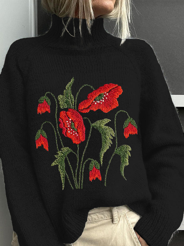 Women's Vintage Lovely Floral Embroidery Print Knit Turtleneck Pullover Sweater