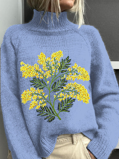 Women's Vintage Lovely Floral Embroidery Print Knit Turtleneck Pullover Sweater