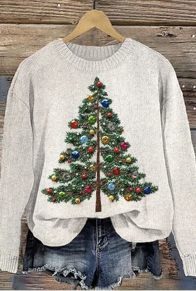 Christmas Tree Embroidery Printed Crew Neck Retro Fashion Loose Long Sleeved Sweater