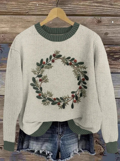 Flower Embroidery Printed Crew Neck Retro Fashion Loose Long Sleeved Sweater