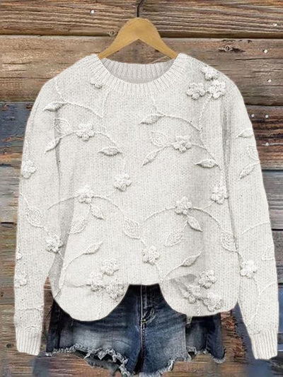 Flower Embroidery Printed Crew Neck Retro Fashion Loose Long Sleeved Sweater