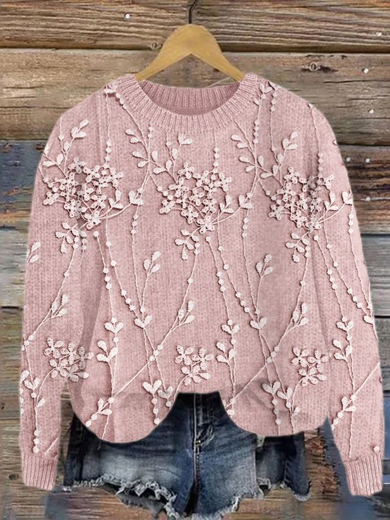 Flower Embroidery Printed Crew Neck Retro Fashion Loose Long Sleeved Sweater