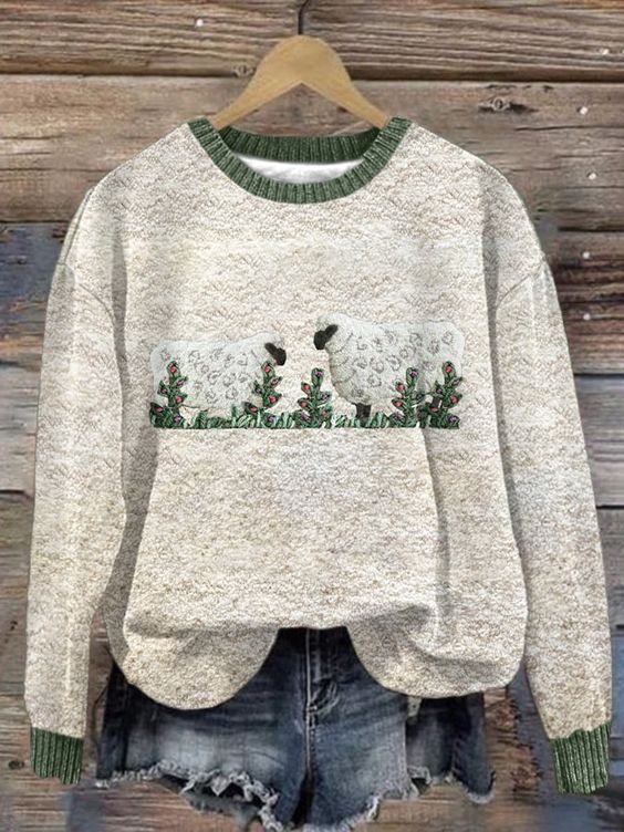 Lamb Embroidery Printed Crew Neck Retro Fashion Loose Long Sleeved Sweater