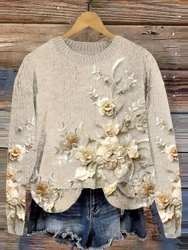 Flower Embroidery Printed Crew Neck Retro Fashion Loose Long Sleeved Sweater