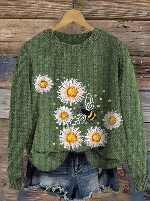 Flower Bee Embroidery Printed Crew Neck Retro Fashion Loose Long Sleeved Sweater