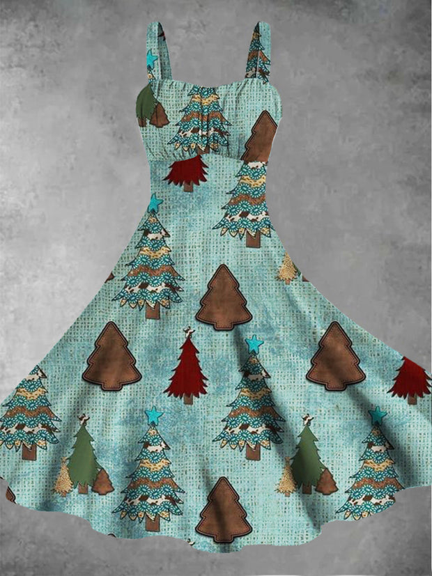 Women's Sleeveless Christmas Tree Pattern Retro Printed Casual Fashion Strap Dress