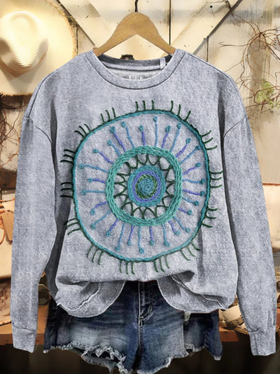 Flower Embroidery Printed Crew Neck Retro Fashion Loose Long Sleeved Sweater