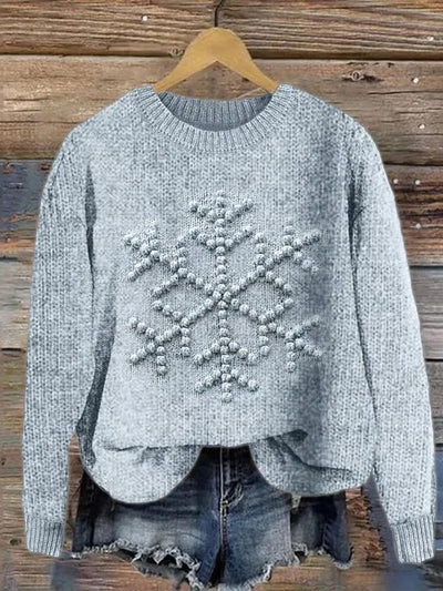 Snowflake Embroidery Printed Crew Neck Retro Fashion Loose Long Sleeved Sweater