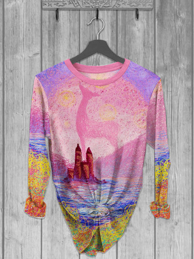 Unisex Colorful Elk Line Printed crew neck casual long T-shirt