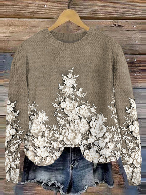 Flower Embroidery Printed Crew Neck Retro Fashion Loose Long Sleeved Sweater